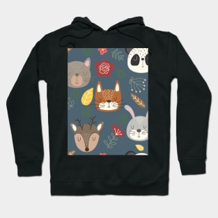 Woodland animals kids pattern navy blue background Hoodie